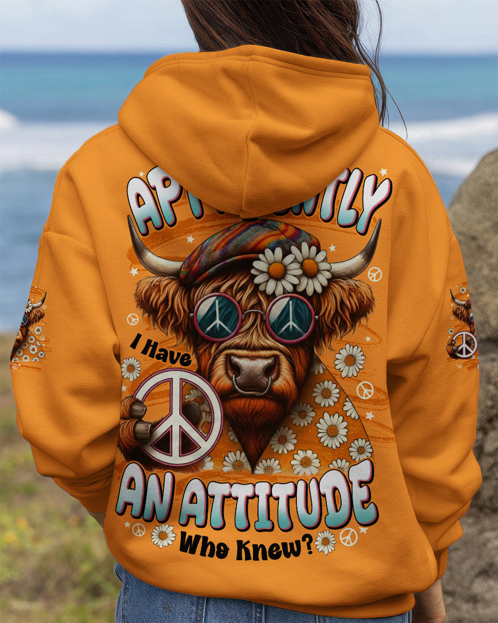 Hippie Cow Apparently I Have An Attitude Hoodie Peace Sign Daisy Flowers Pullover Gift For Wife - Lilybirchmarket