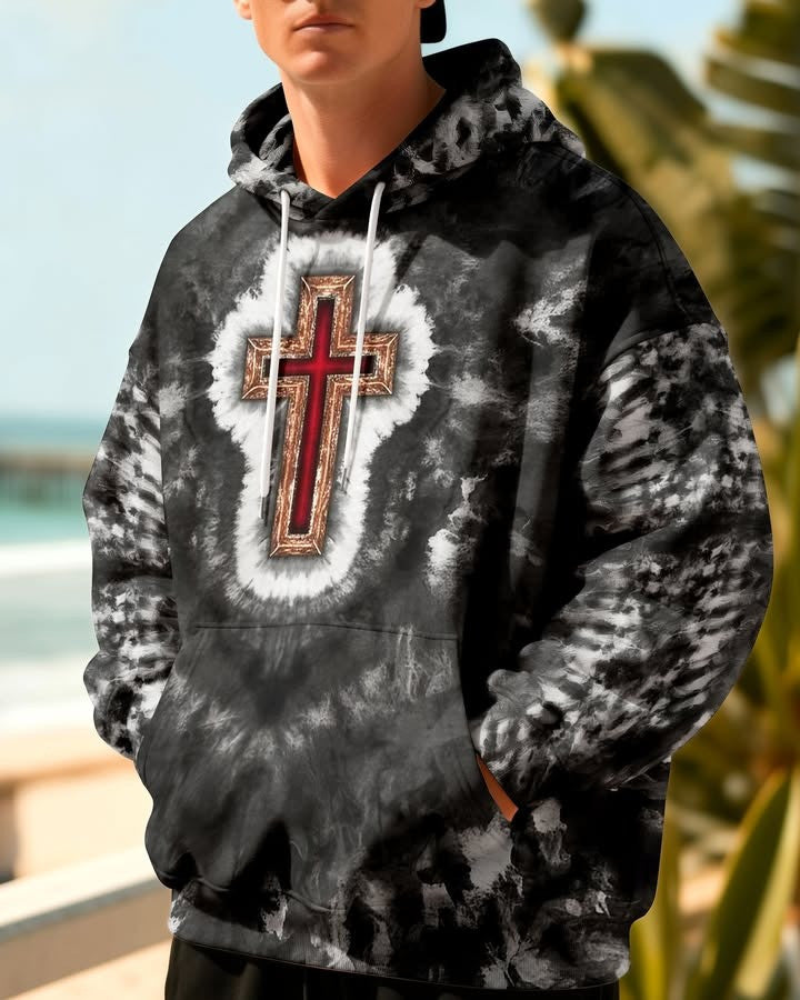 Holy Cross Tie Dye Hoodie Men's Colortone Hooded Sweatshirt Faith Christian Gifts - Lilybirchmarket