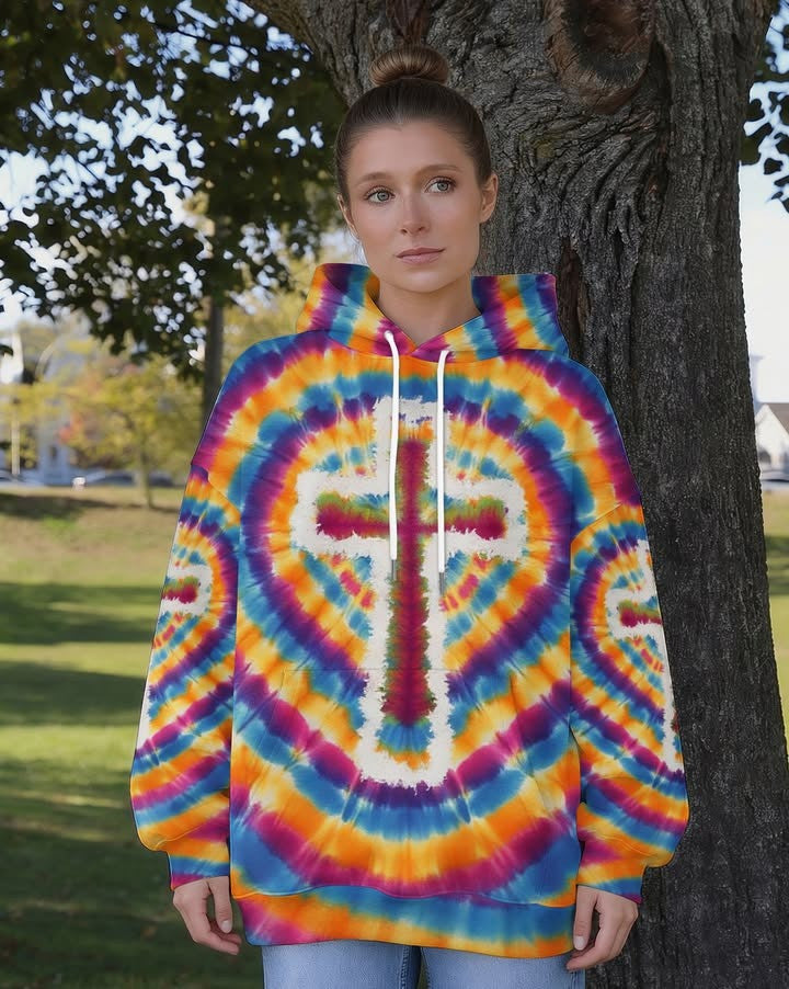 Holy Cross Tie Dye Hoodie Women's Colortone Hooded Sweatshirt Faith Christian Gift Ideas - Lilybirchmarket