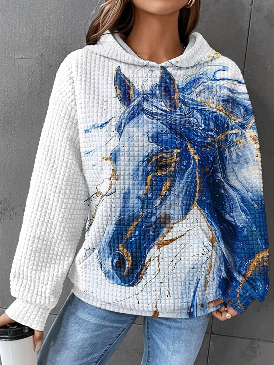 Horse Graphic Hoodie Womens Blue Horse Artistic Hooded Sweatshirt Gifts For Horse Lovers - Lilybirchmarket