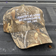 I Identify As A Threat My Pronouns Are Try Me Embroidered Camo Hat Funny Hat Gifts For Father - Lilybirchmarket