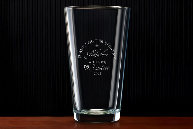 Personalized Godfather Beer Glass Custom Engraved Pint Baptism Fathers Day Gift for Him