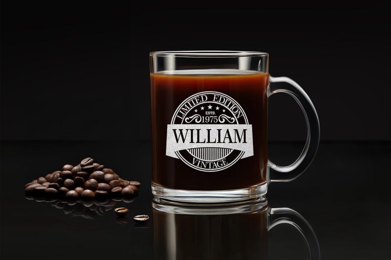 Personalized 50th Birthday Glass Vintage Coffee Mug Gift for Men Coffee or Tea Lovers Gift Box