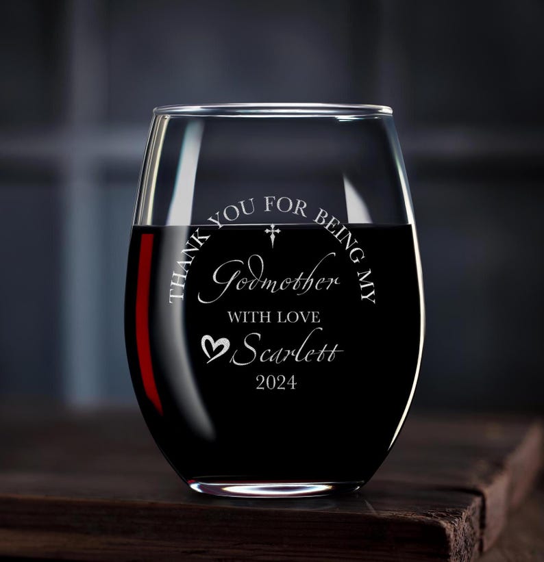 Personalized Godmother Stemless Wine Glass Custom Baptism Gift Box Godparents Gift for Her