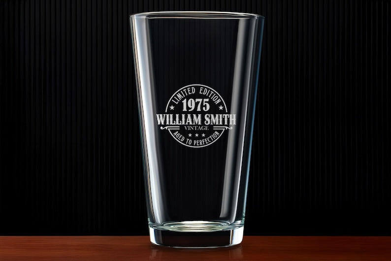 Custom Engraved 50th Birthday Beer Glass Vintage 1975 Pint Personalized Gift for Dad or Husband