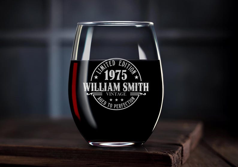 Engraved Stemless Wine Glass Vintage 1975 Personalized 50th Birthday Gift for Men Dad Husband or Brother
