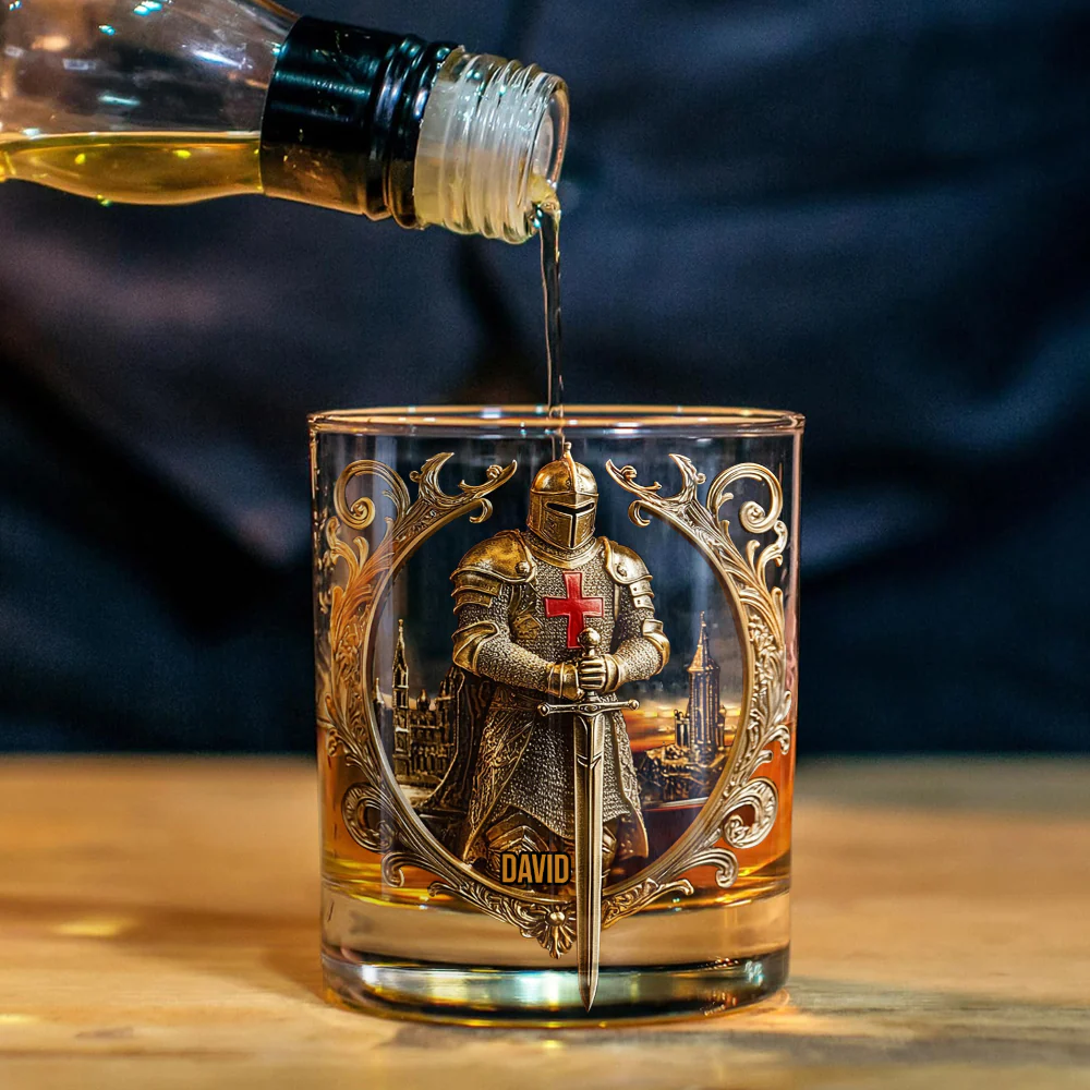 Knight Of God 11oz Whiskey Glass, Personalized Whiskey Glass, Custom Name Christian Glass