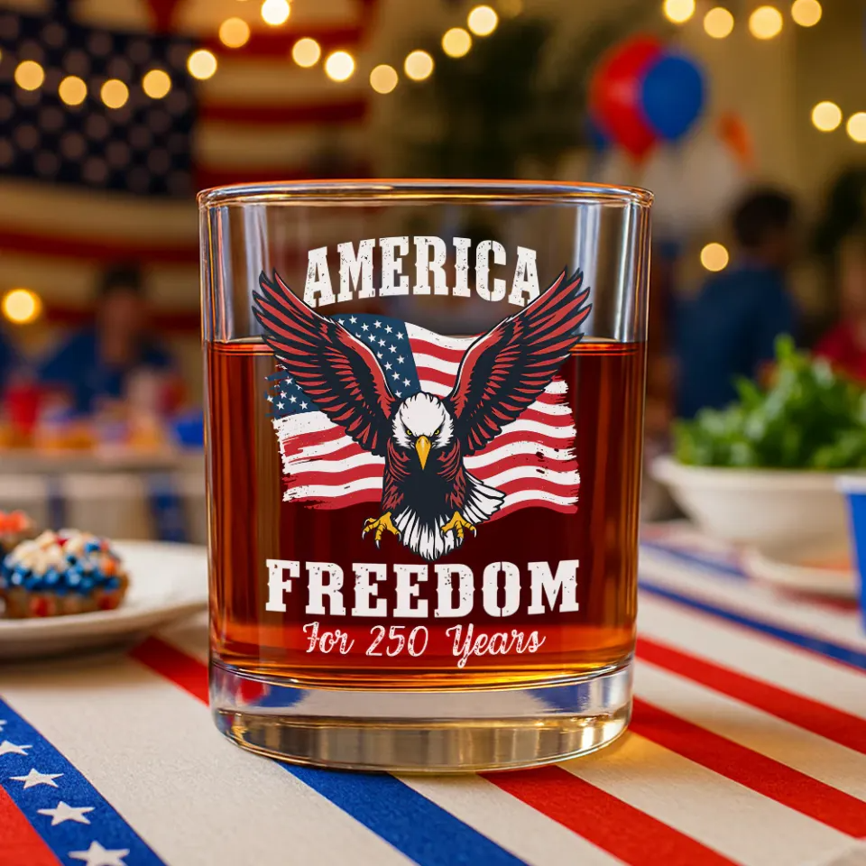 America 250 Years of Freedom Patriotic Eagle Flag Whiskey Glass, Gift For Whiskey Lover