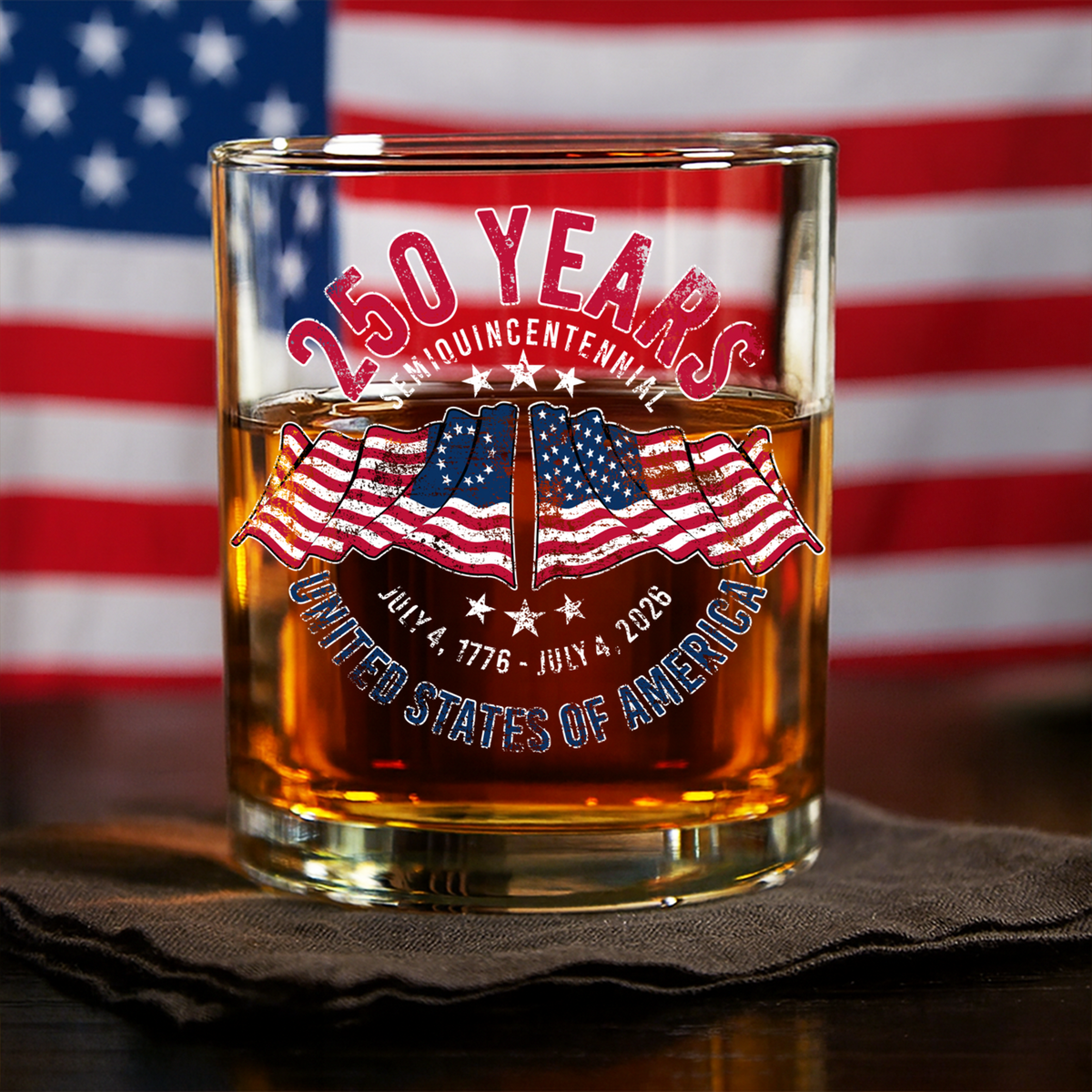 American 250 Years Semiquincentennial Patriotic Gift 2026 Whiskey Glass, Gift For Whiskey Lover