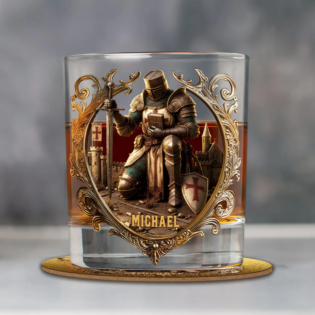 Custom Name Crusader Knight Whiskey Glass, Christian Theme Whiskey Glass, Personalized Glass
