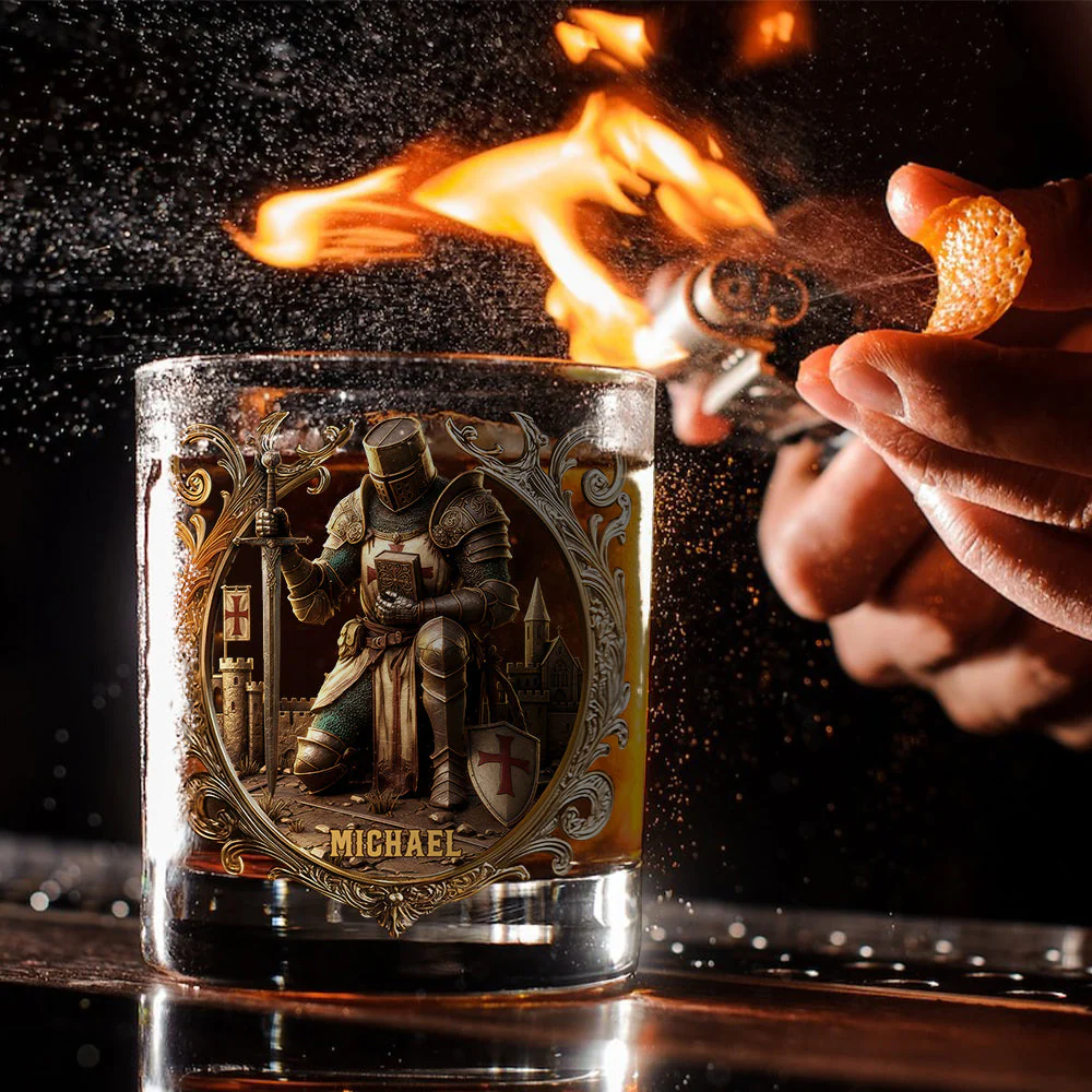 Custom Name Crusader Knight Whiskey Glass, Christian Theme Whiskey Glass, Personalized Glass