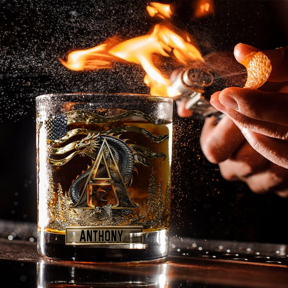 Personalized Dragon Alphabet Whiskey Glass, Custom Letter Whiskey Glasses, Husband Gift Ideas