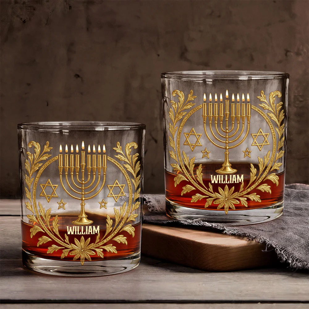 Happy Hanukkah Custom Whiskey Glass, Personalized Whiskey Glasses, Gift For Jewish