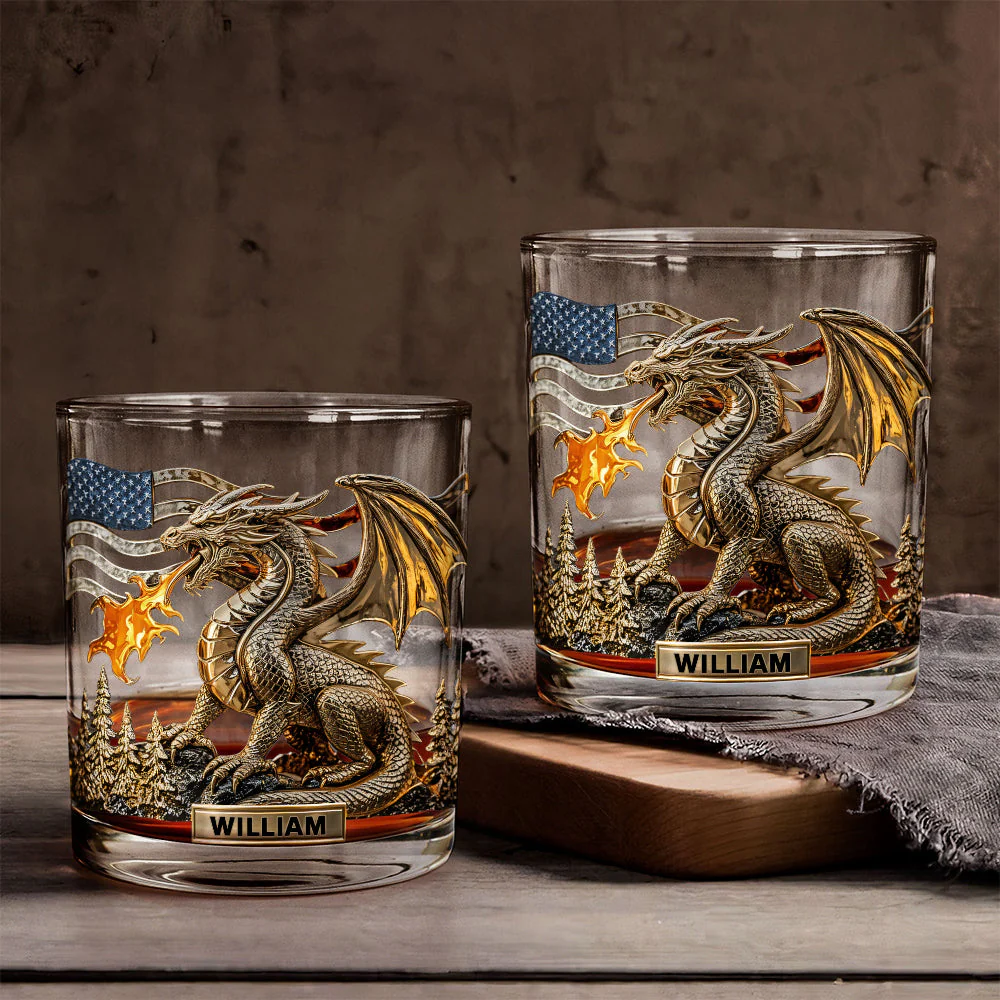 Dragon America Flag Custom Whiskey Glass, Personalized Whiskey Glasses, Gift For Dragon Lovers