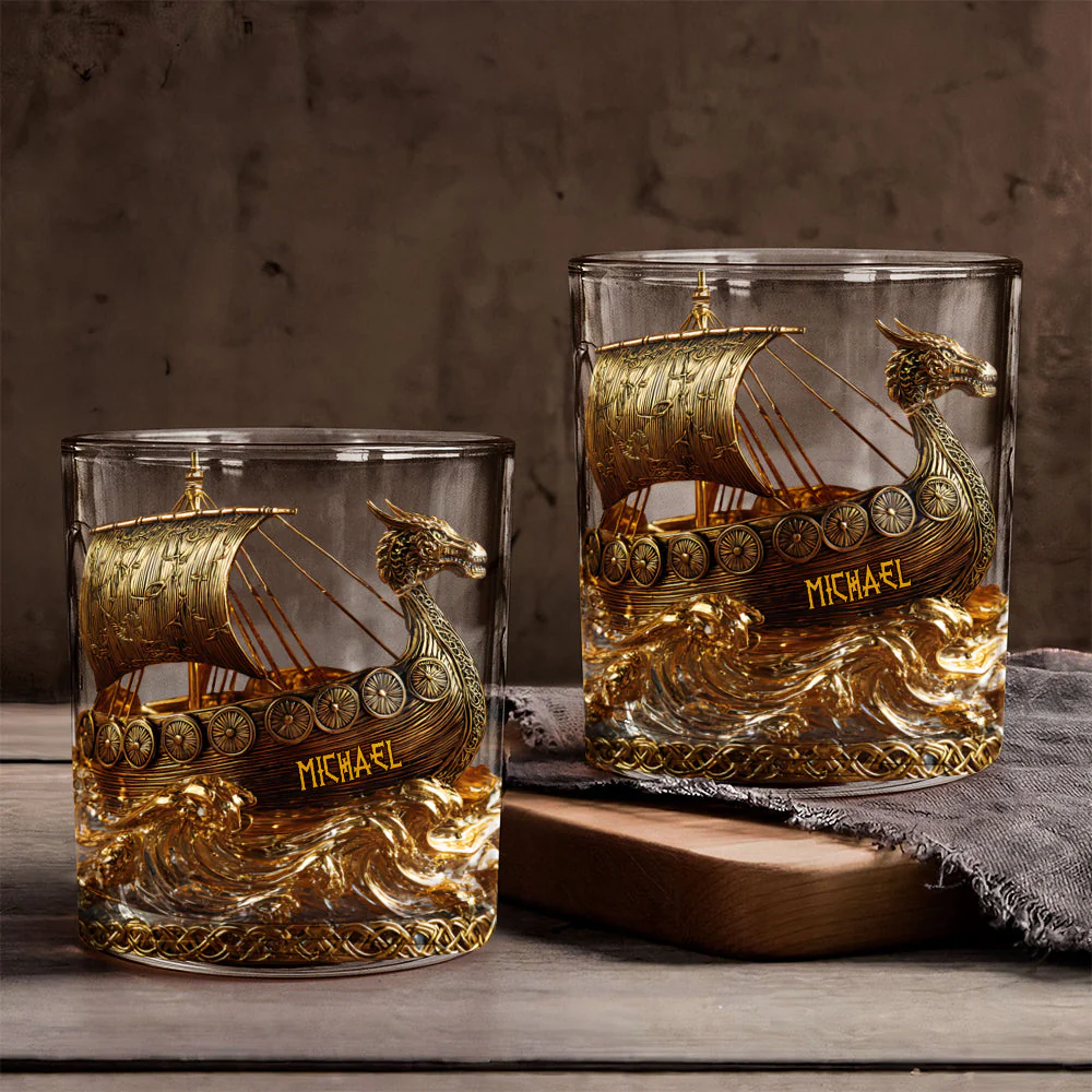Viking Sail Custom Whiskey Glasses, Gift For Whiskey Lover, Viking Theme Custom Rocks Glasses