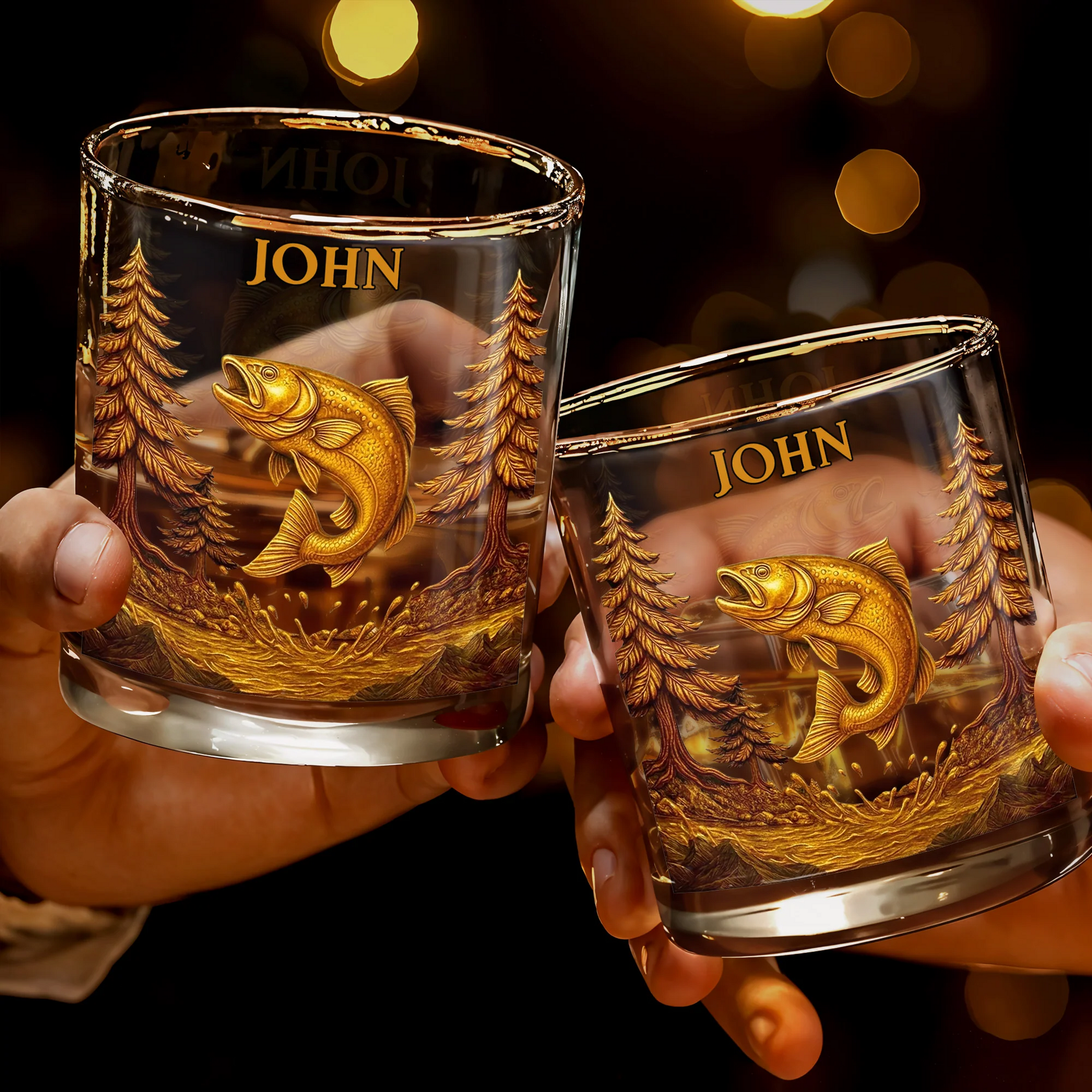 The Spirit Of Nature And Adventure, Tree And Fish Personalized Custom Whiskey Glass, Gift For Dad And Nature Lovers