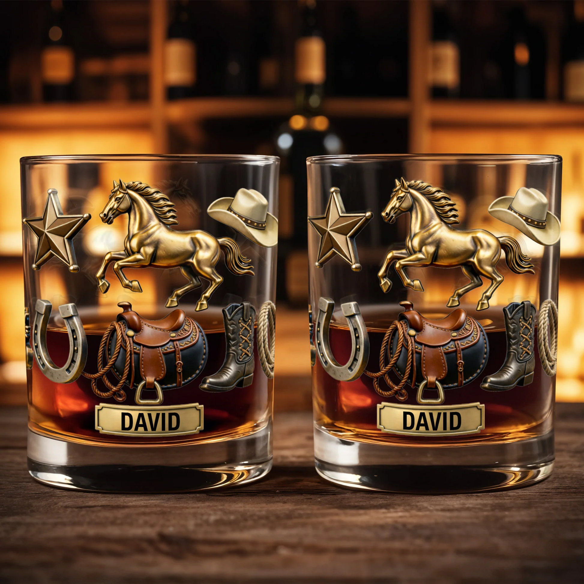 Classic Western Theme, Horse and Cowboy Gear, Personalized Custom Whiskey Glass, Gift for Dad, Horse Lover