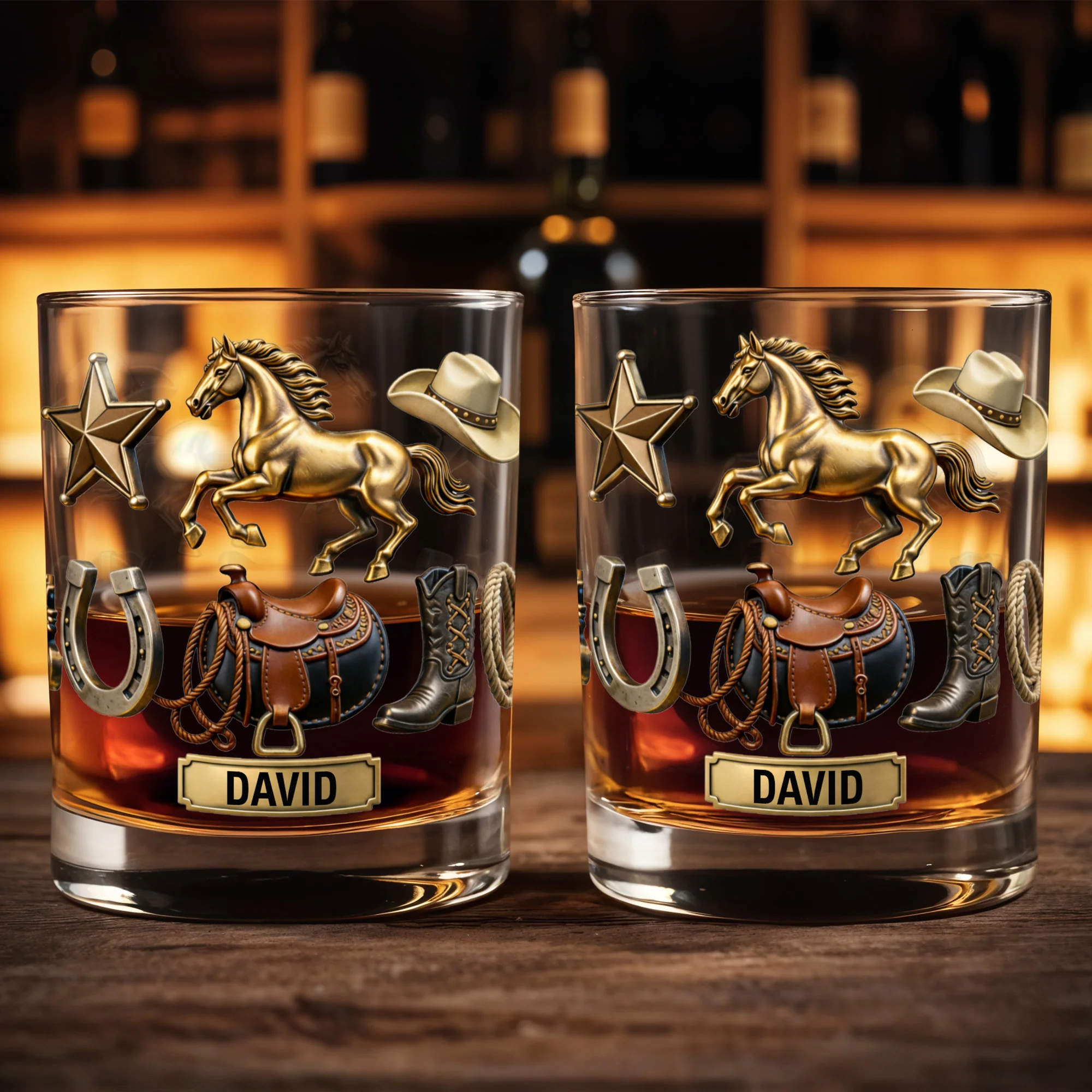 Classic Western Theme, Horse and Cowboy Gear, Personalized Custom Whiskey Glass, Gift for Dad, Horse Lover