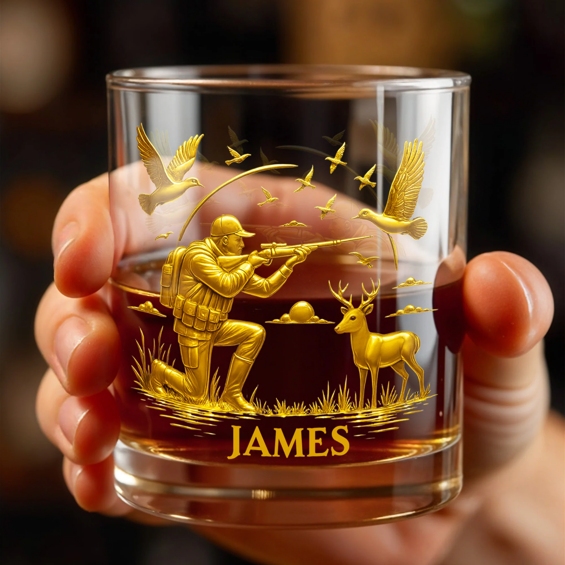 Hunter And Deer Surrounded By Flying Birds, Personalized Custom Whiskey Glass, Gift For Outdoor Enthusiasts
