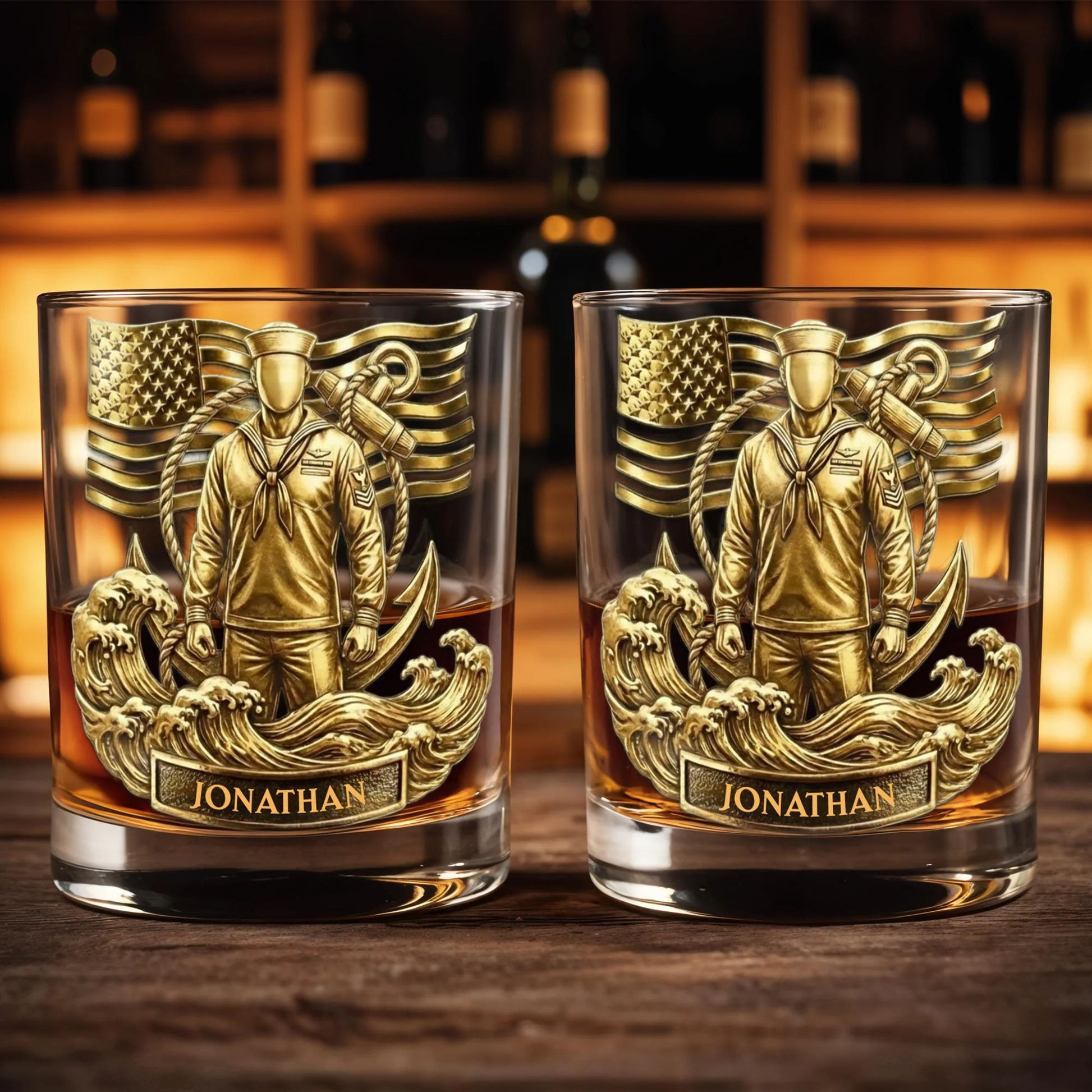 Honoring Our Heroes, American Flag And Military Figure, Personalized Custom Whiskey Glass, Gift For Veterans And Patriots