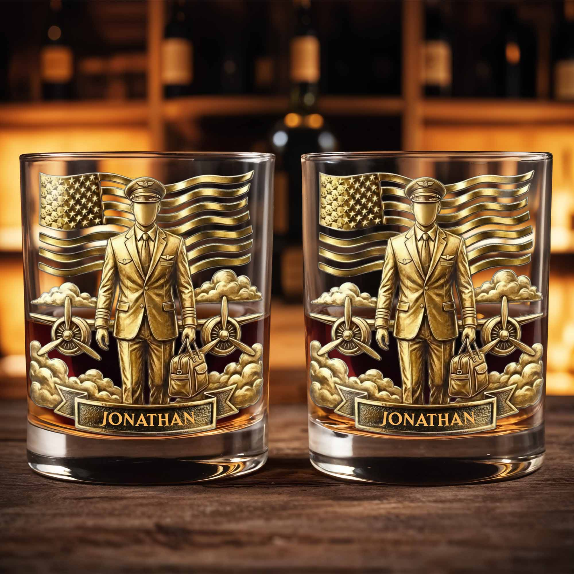 Pilot American Flag Whiskey Glass, Custom Whiskey Glass, Gift For Veterans and Aviation Enthusiasts
