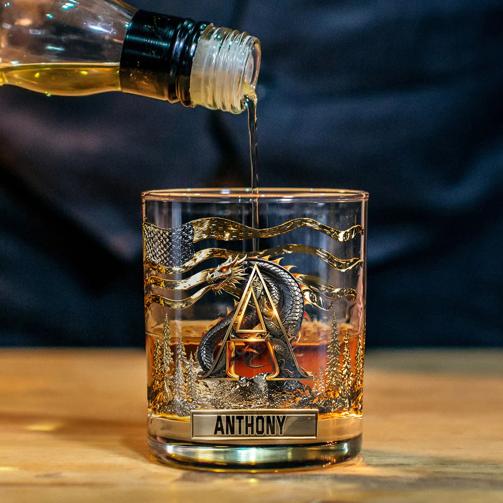 Personalized Dragon Alphabet Whiskey Glass, Custom Letter Whiskey Glasses, Husband Gift Ideas