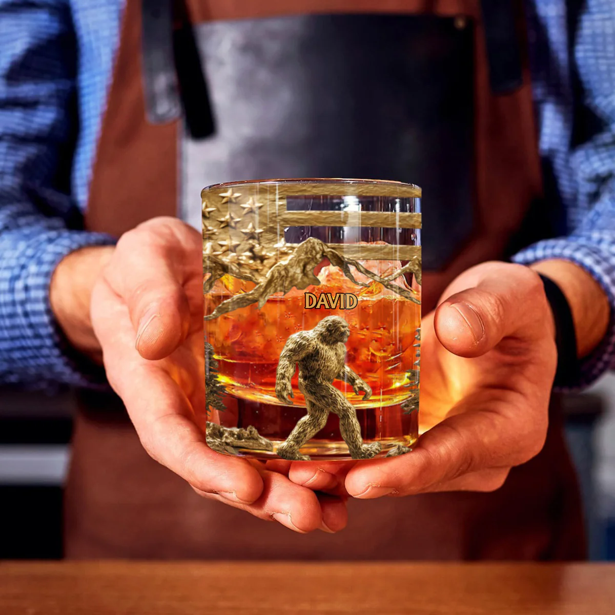 Bigfoot American Flag Patriotic Glass, Custom Whiskey Glass, Personalized Whiskey Glasses