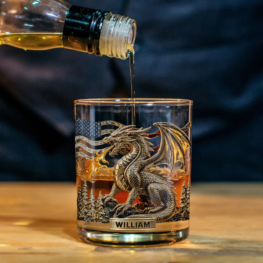 Dragon America Flag Custom Whiskey Glass, Personalized Whiskey Glasses, Gift For Dragon Lovers