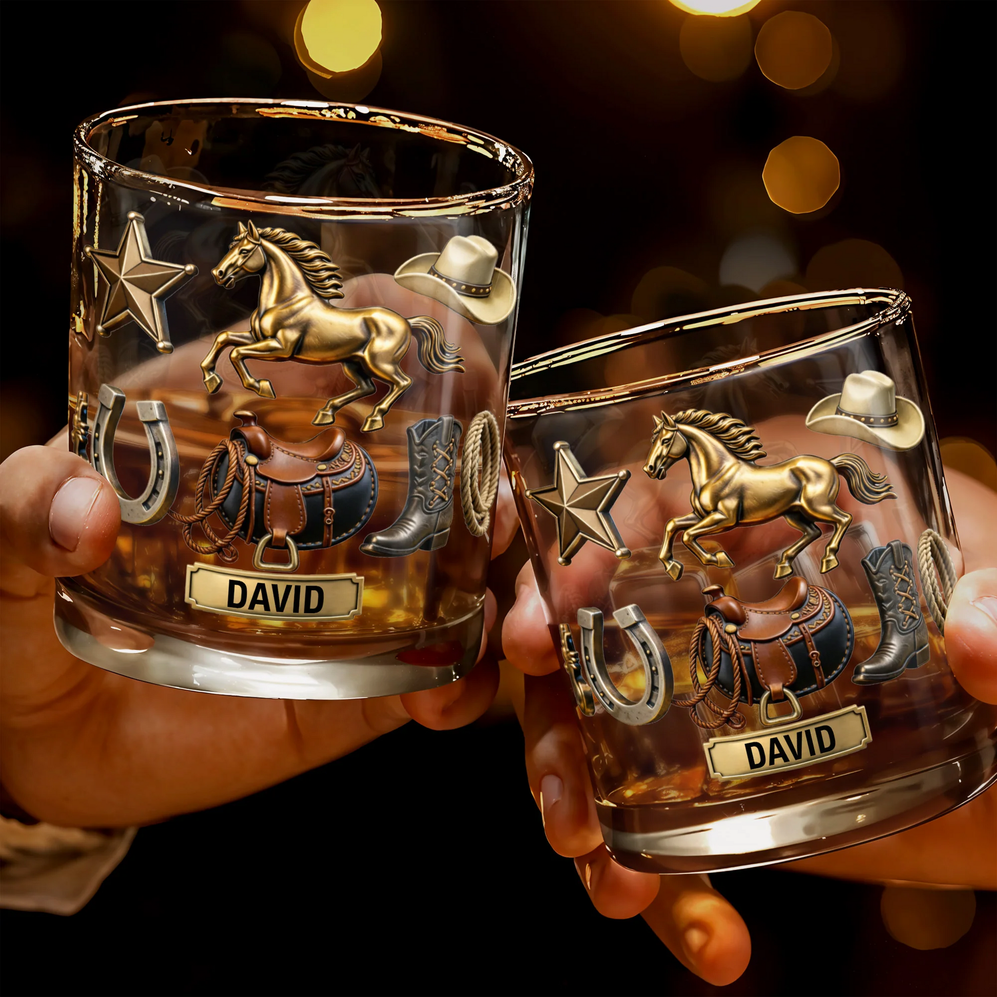 Classic Western Theme, Horse and Cowboy Gear, Personalized Custom Whiskey Glass, Gift for Dad, Horse Lover