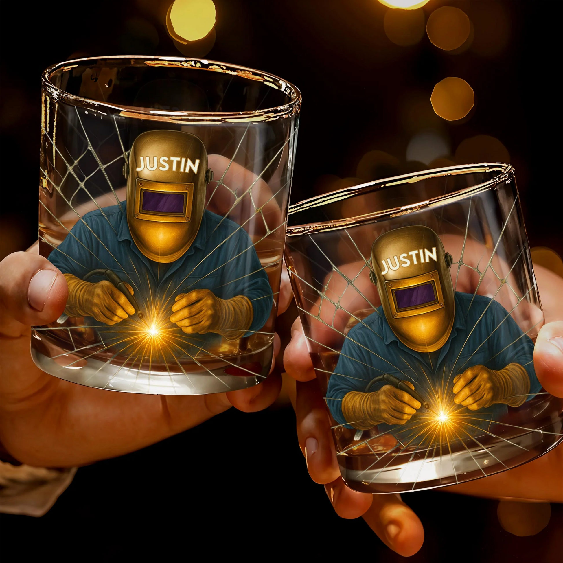 Artistic Welder At Work Personalized Custom Whiskey Glass, Gift For Craftsmen And Metal Workers