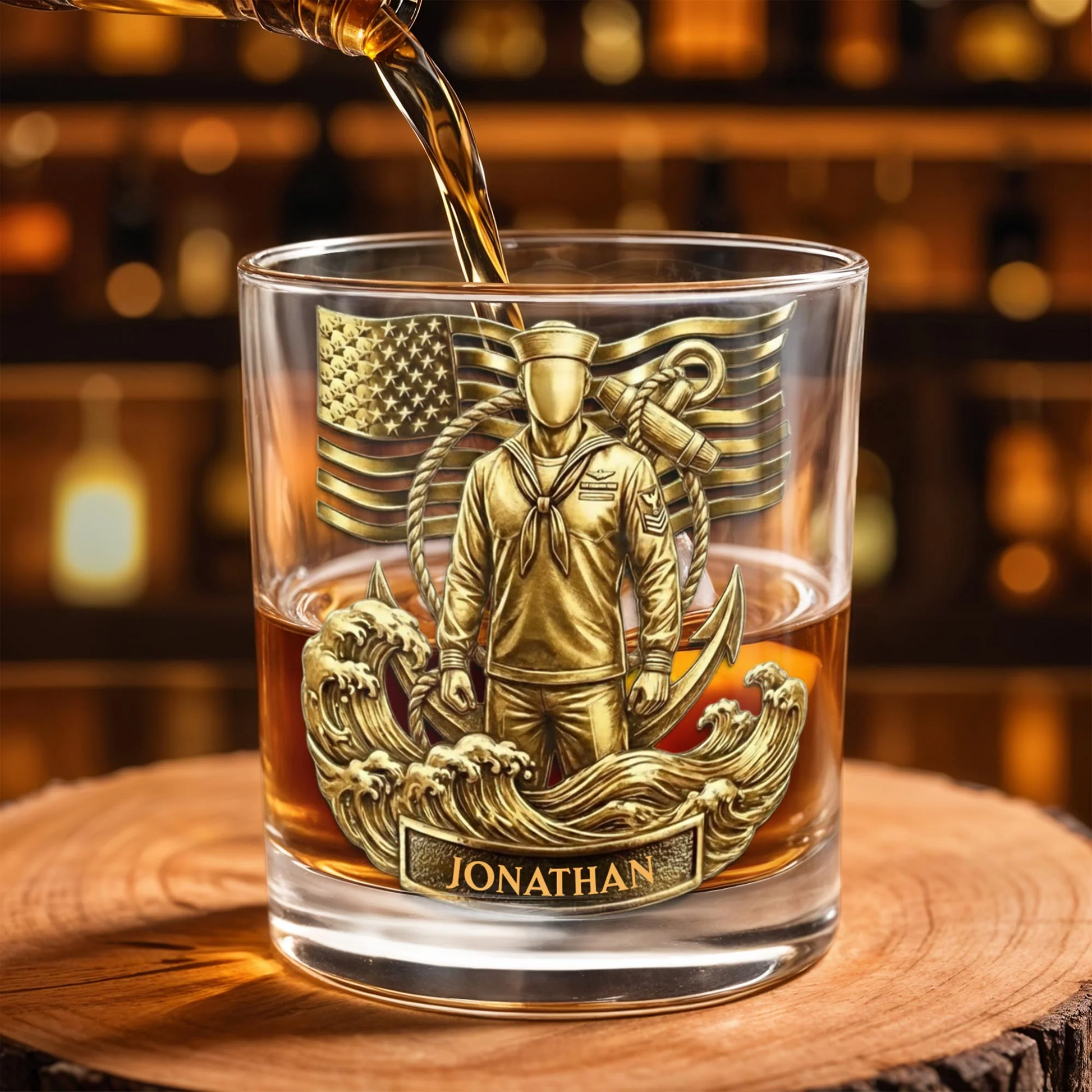 Honoring Our Heroes, American Flag And Military Figure, Personalized Custom Whiskey Glass, Gift For Veterans And Patriots