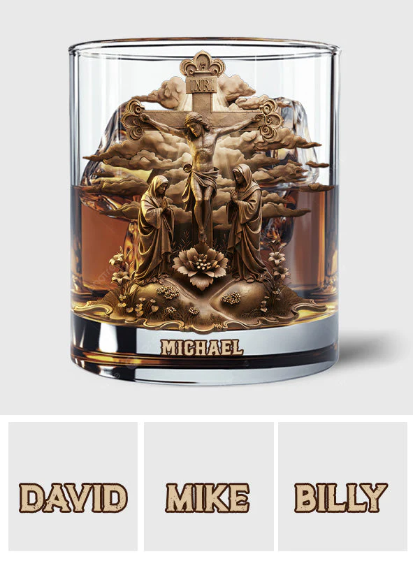 Christmas Jesus Crucified Jesus Statue Whiskey Glass, Custom Name Christmas Jesus Whiskey Glass