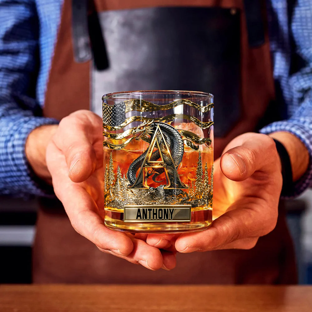 Personalized Dragon Alphabet Whiskey Glass, Custom Letter Whiskey Glasses, Husband Gift Ideas