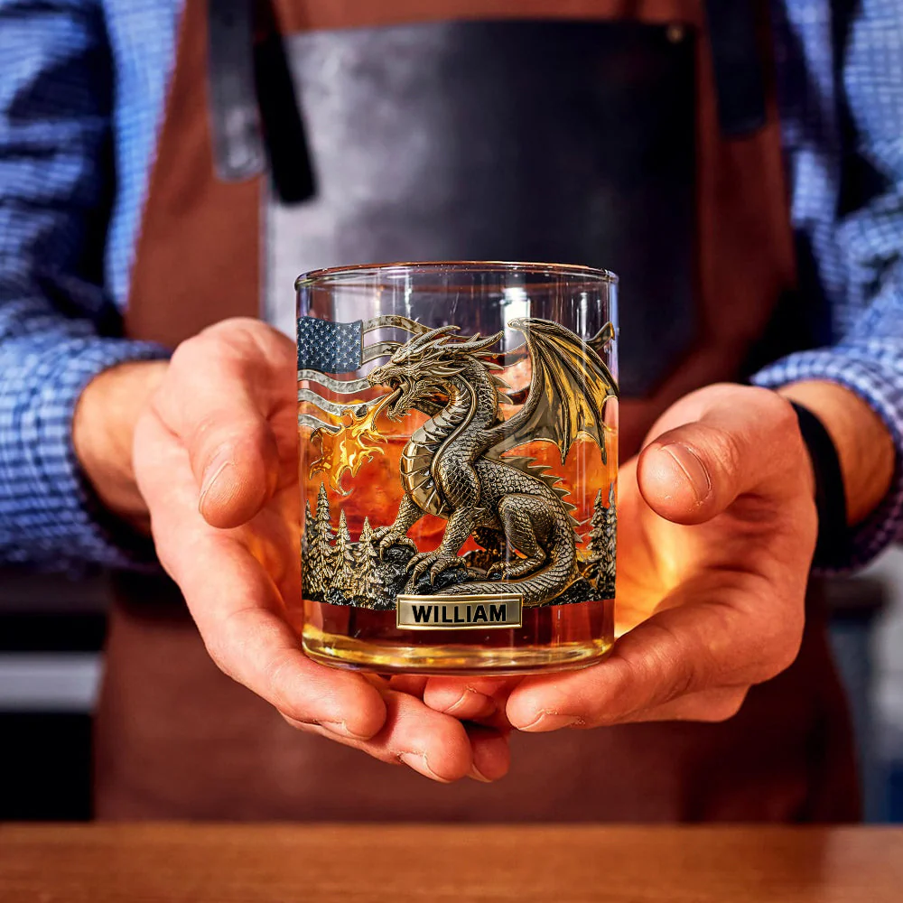 Dragon America Flag Custom Whiskey Glass, Personalized Whiskey Glasses, Gift For Dragon Lovers