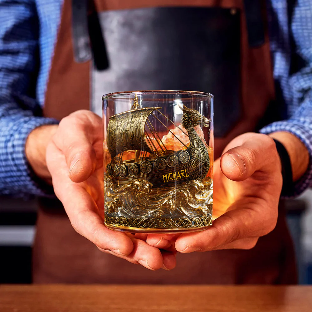 Viking Sail Custom Whiskey Glasses, Gift For Whiskey Lover, Viking Theme Custom Rocks Glasses