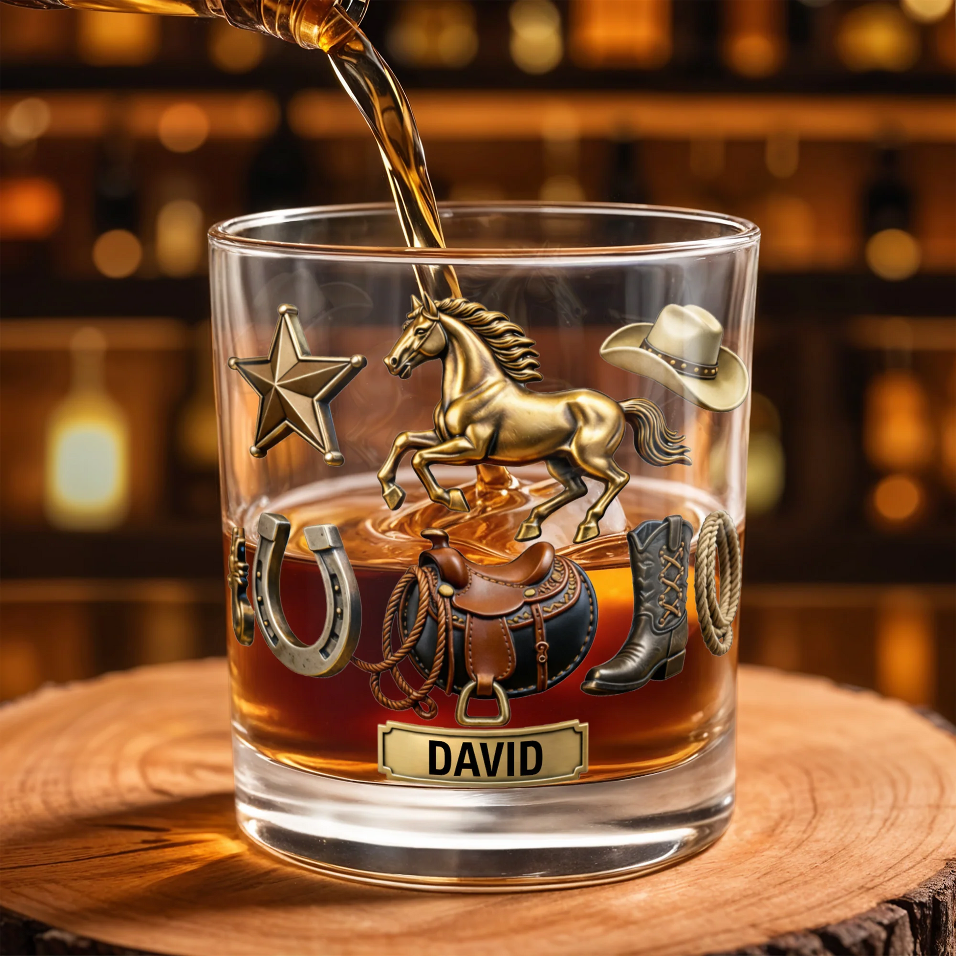 Classic Western Theme, Horse and Cowboy Gear, Personalized Custom Whiskey Glass, Gift for Dad, Horse Lover