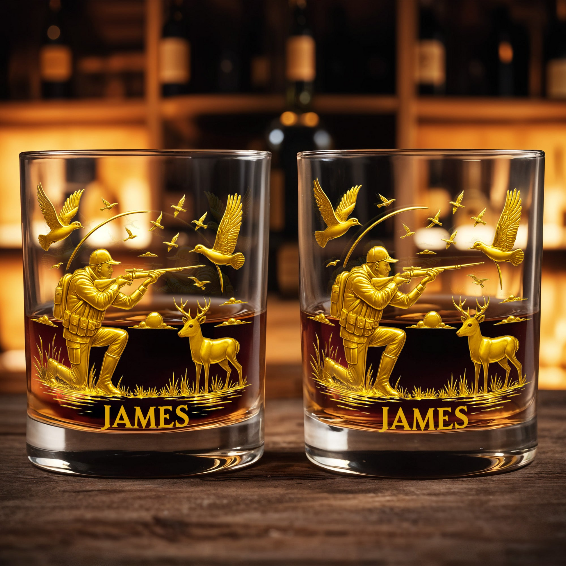 Hunter And Deer Surrounded By Flying Birds, Personalized Custom Whiskey Glass, Gift For Outdoor Enthusiasts