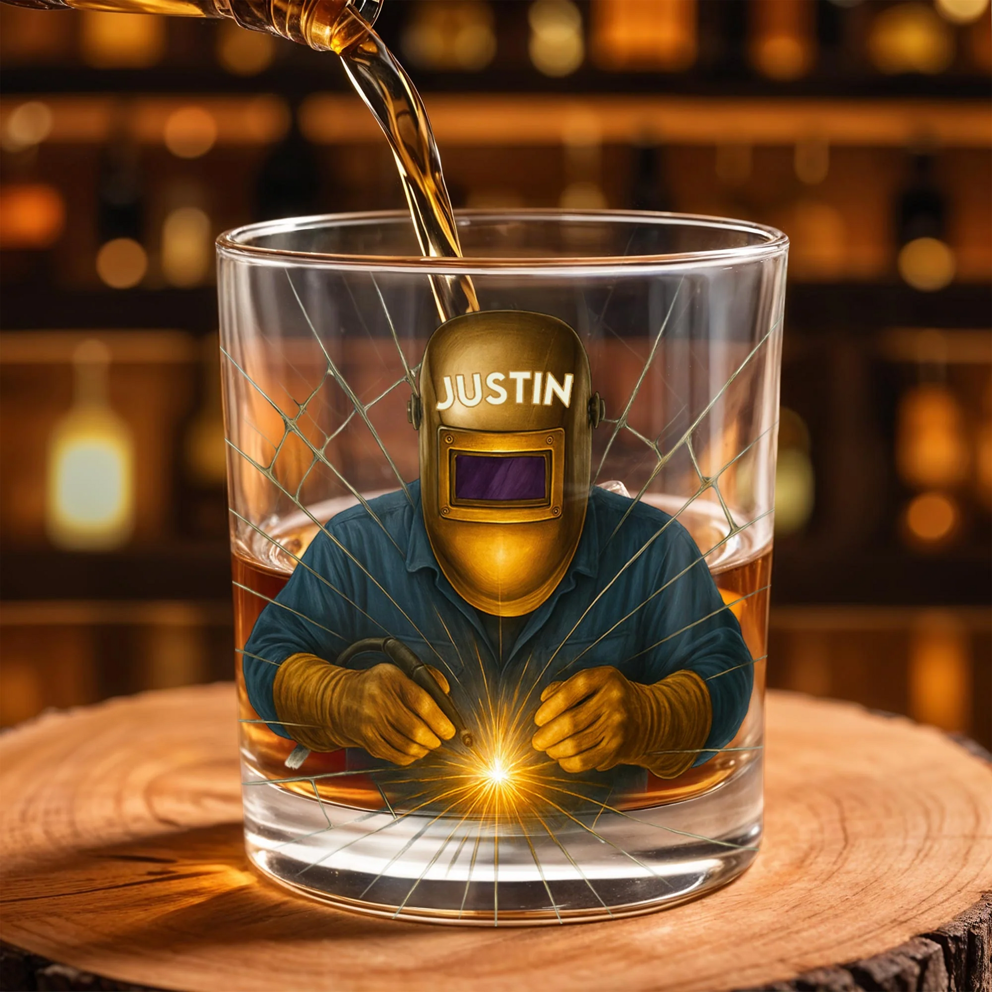 Artistic Welder At Work Personalized Custom Whiskey Glass, Gift For Craftsmen And Metal Workers