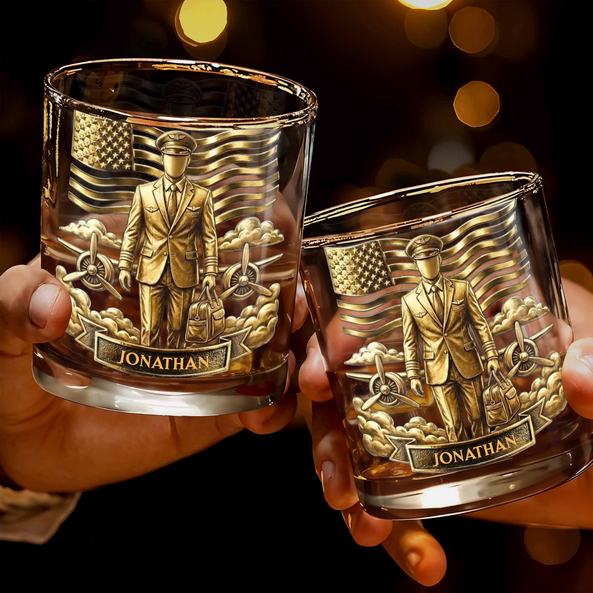 Pilot American Flag Whiskey Glass, Custom Whiskey Glass, Gift For Veterans and Aviation Enthusiasts