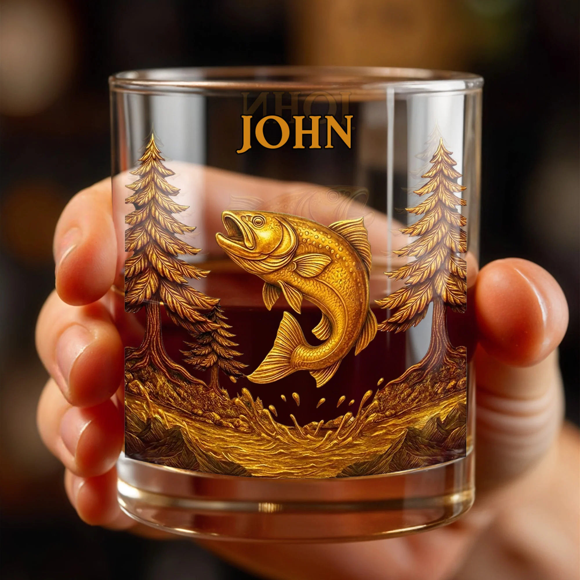 The Spirit Of Nature And Adventure, Tree And Fish Personalized Custom Whiskey Glass, Gift For Dad And Nature Lovers