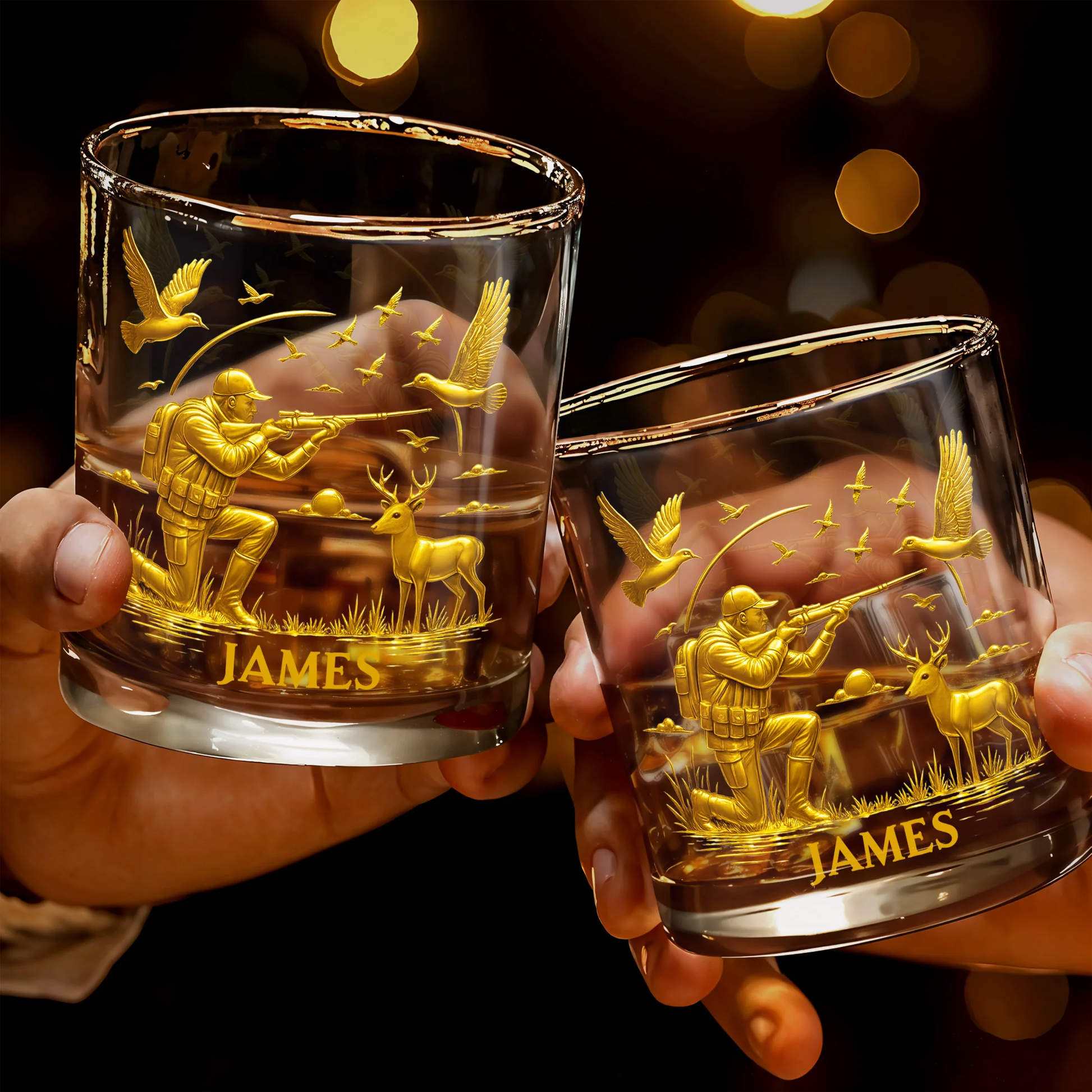 Hunter And Deer Surrounded By Flying Birds, Personalized Custom Whiskey Glass, Gift For Outdoor Enthusiasts