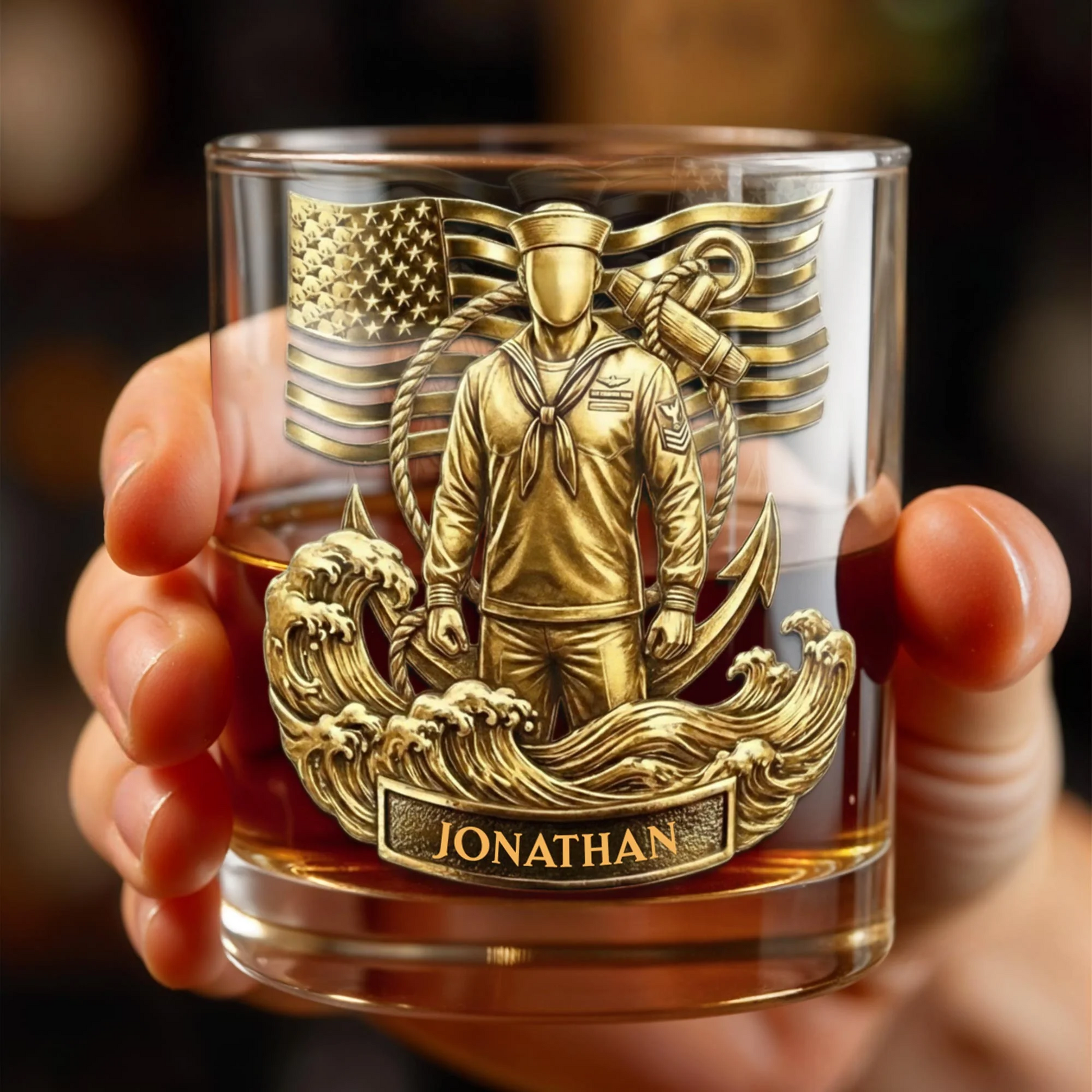 Honoring Our Heroes, American Flag And Military Figure, Personalized Custom Whiskey Glass, Gift For Veterans And Patriots
