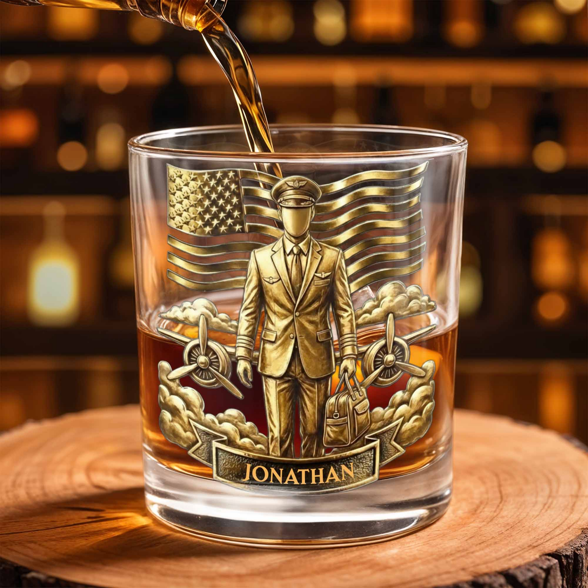 Pilot American Flag Whiskey Glass, Custom Whiskey Glass, Gift For Veterans and Aviation Enthusiasts