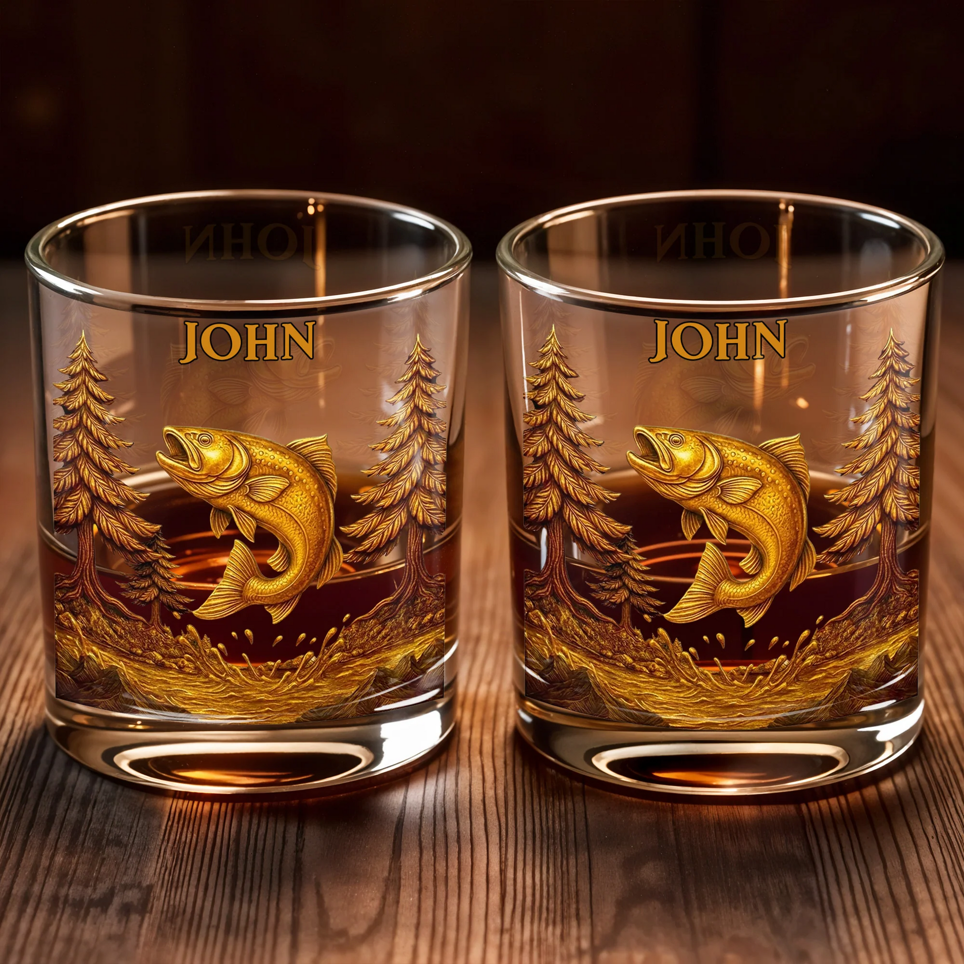 The Spirit Of Nature And Adventure, Tree And Fish Personalized Custom Whiskey Glass, Gift For Dad And Nature Lovers