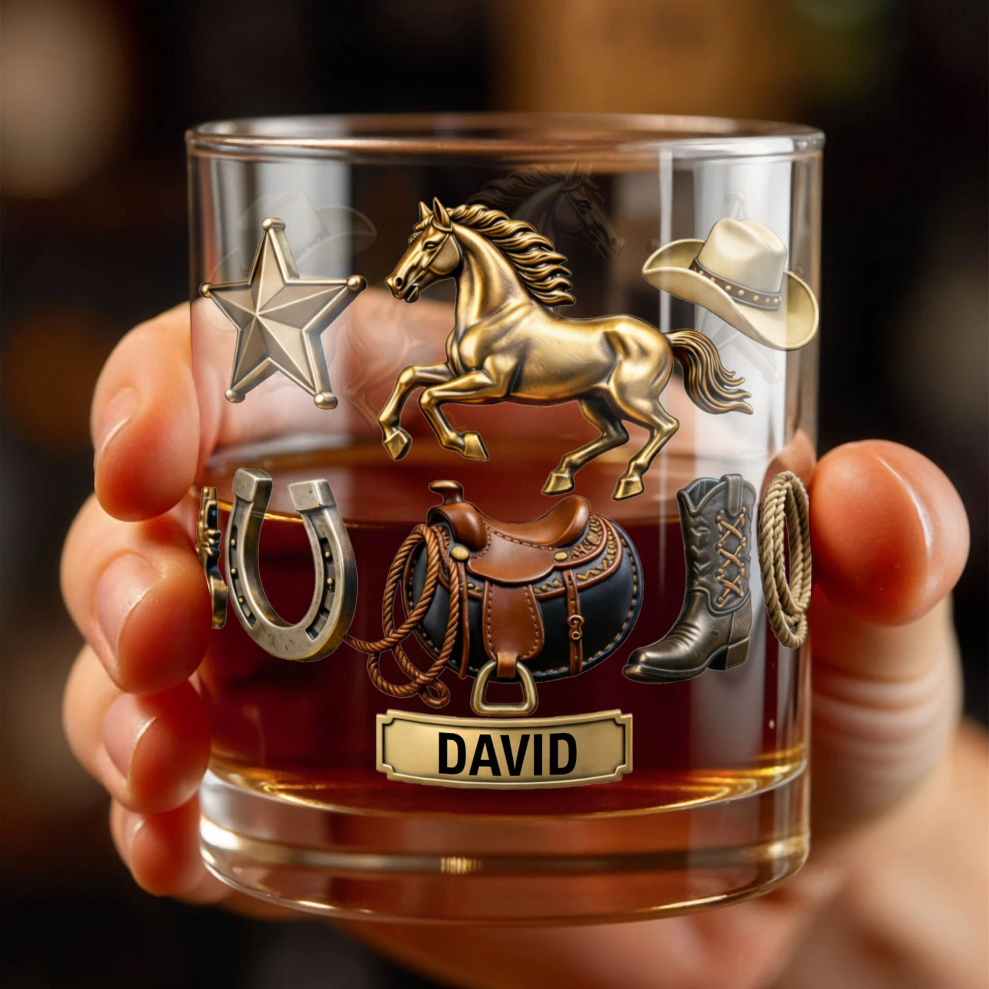 Classic Western Theme, Horse and Cowboy Gear, Personalized Custom Whiskey Glass, Gift for Dad, Horse Lover