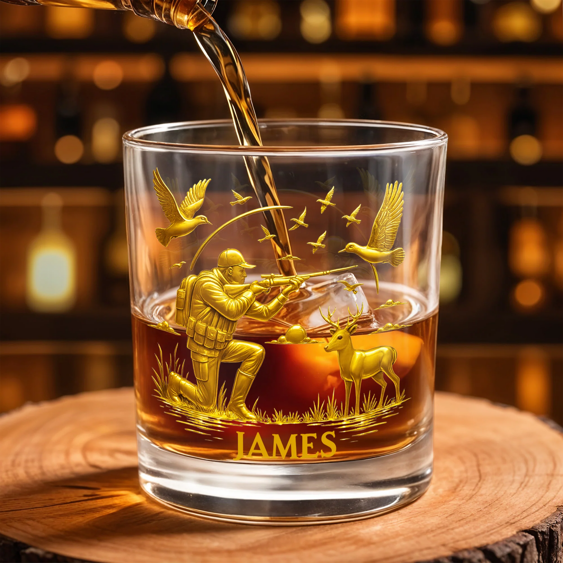 Hunter And Deer Surrounded By Flying Birds, Personalized Custom Whiskey Glass, Gift For Outdoor Enthusiasts