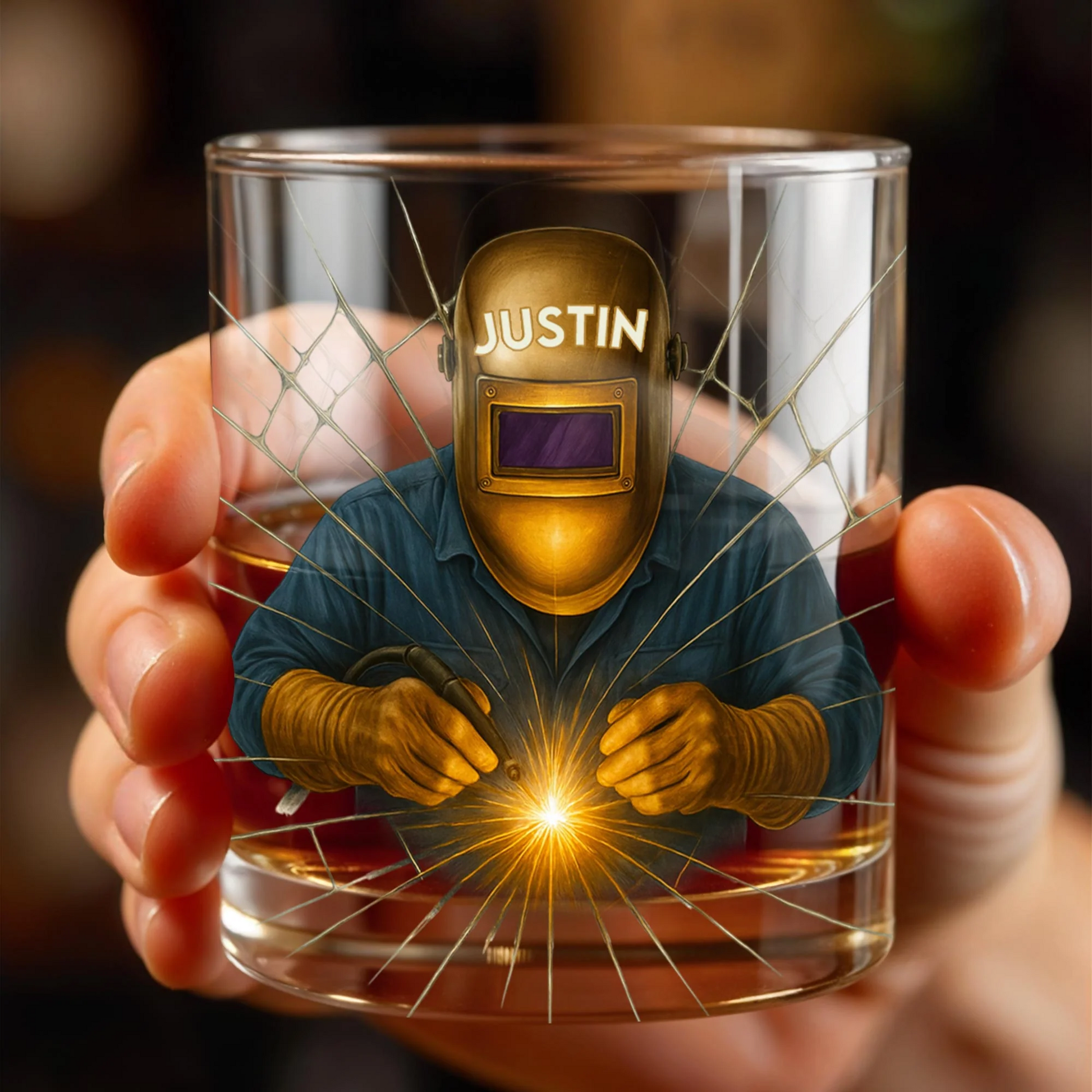 Artistic Welder At Work Personalized Custom Whiskey Glass, Gift For Craftsmen And Metal Workers