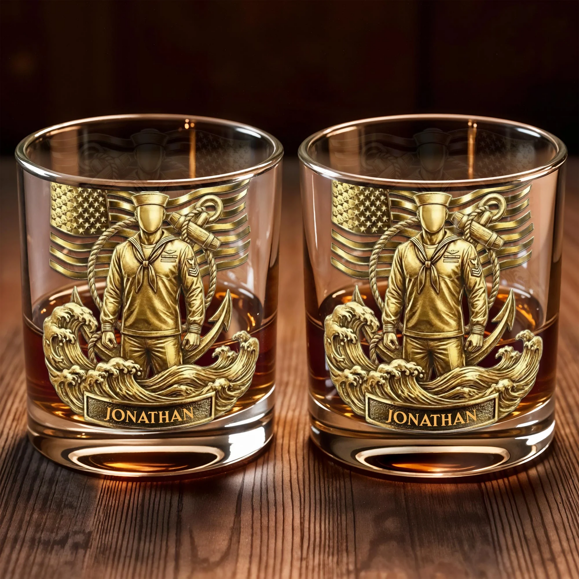Honoring Our Heroes, American Flag And Military Figure, Personalized Custom Whiskey Glass, Gift For Veterans And Patriots