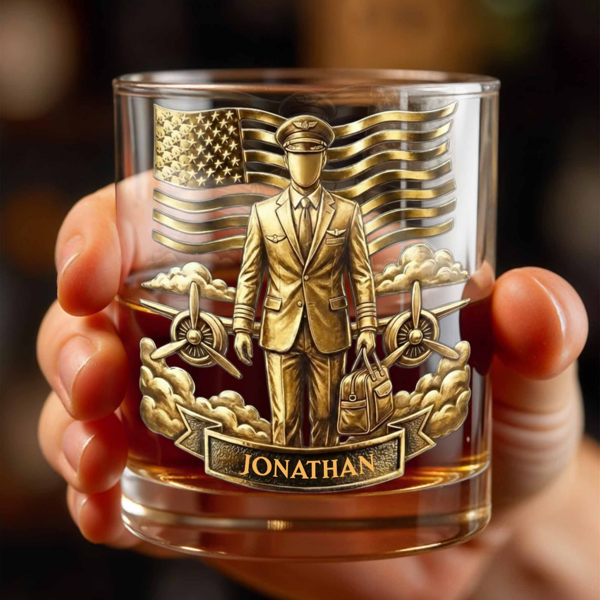 Pilot American Flag Whiskey Glass, Custom Whiskey Glass, Gift For Veterans and Aviation Enthusiasts