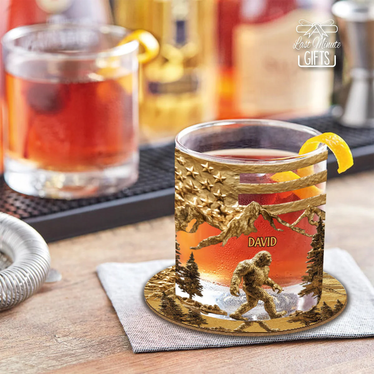 Bigfoot American Flag Patriotic Glass, Custom Whiskey Glass, Personalized Whiskey Glasses